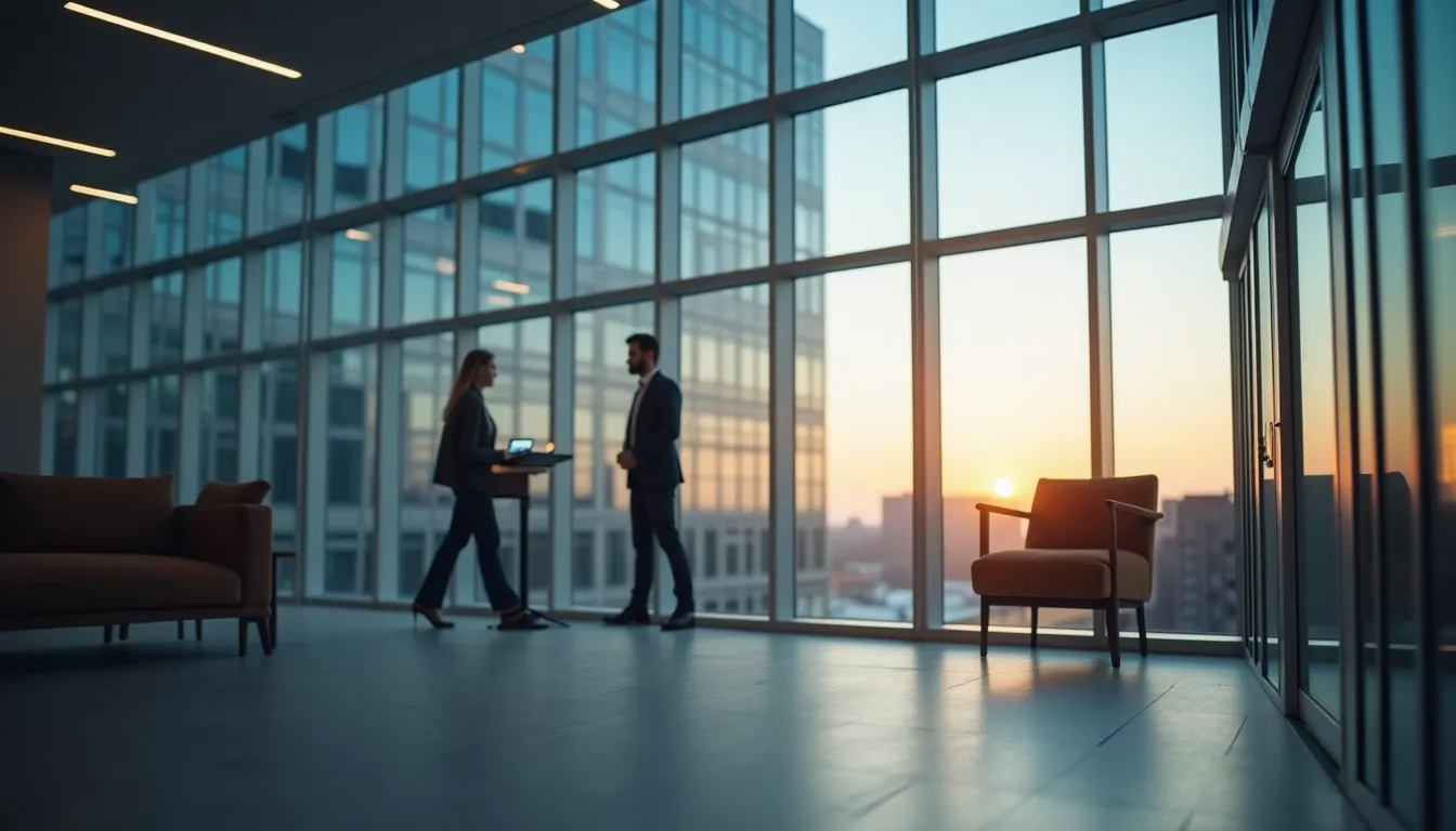 Office building with two people meeting and the sun shining through the window
