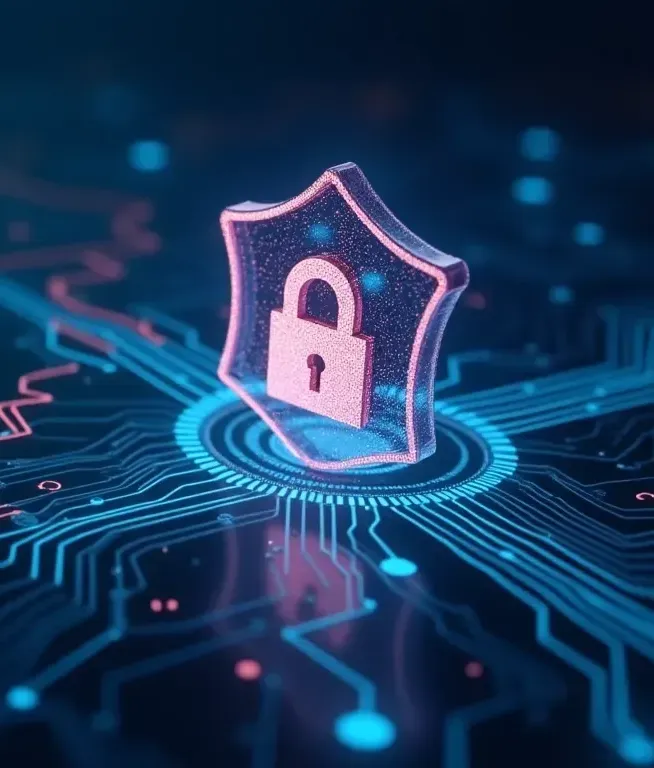 Futuristic padlock embedded onto a digital board