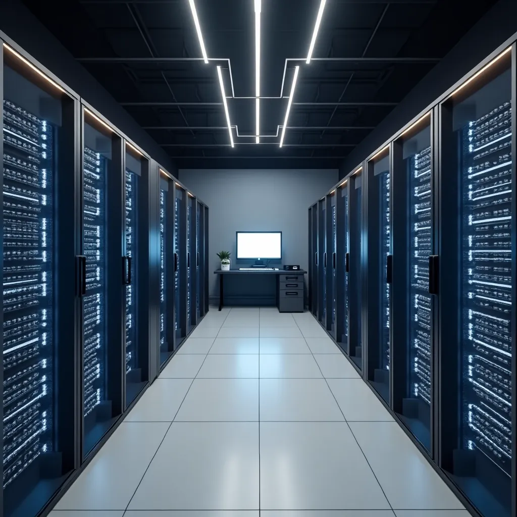 Server room with a row of racks and a monitoring station at the end