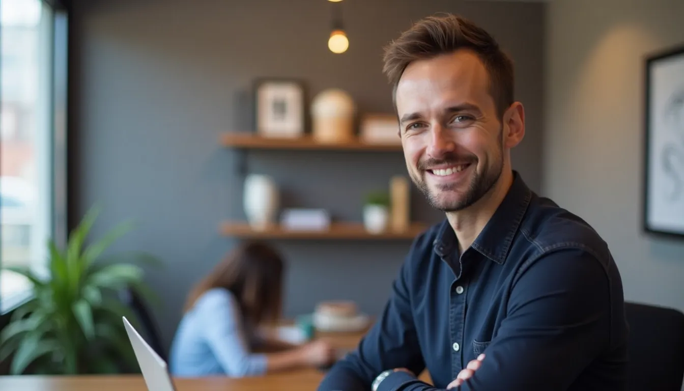 Man in button-down shirt smiling and making eye contact with the camera